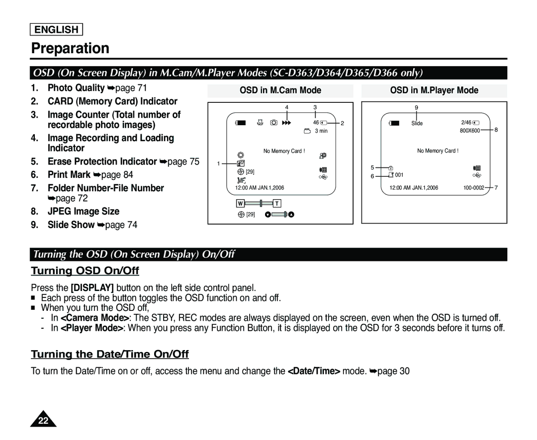 Samsung SC-D363, SC-D365 manual Turning the OSD On Screen Display On/Off, Turning OSD On/Off, Turning the Date/Time On/Off 