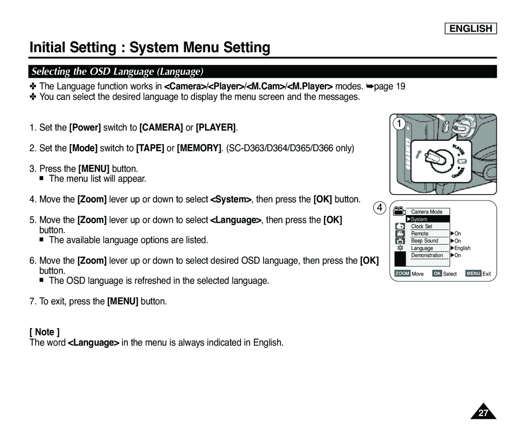 Samsung SC-D365, SC-D363 manual Selecting the OSD Language Language 