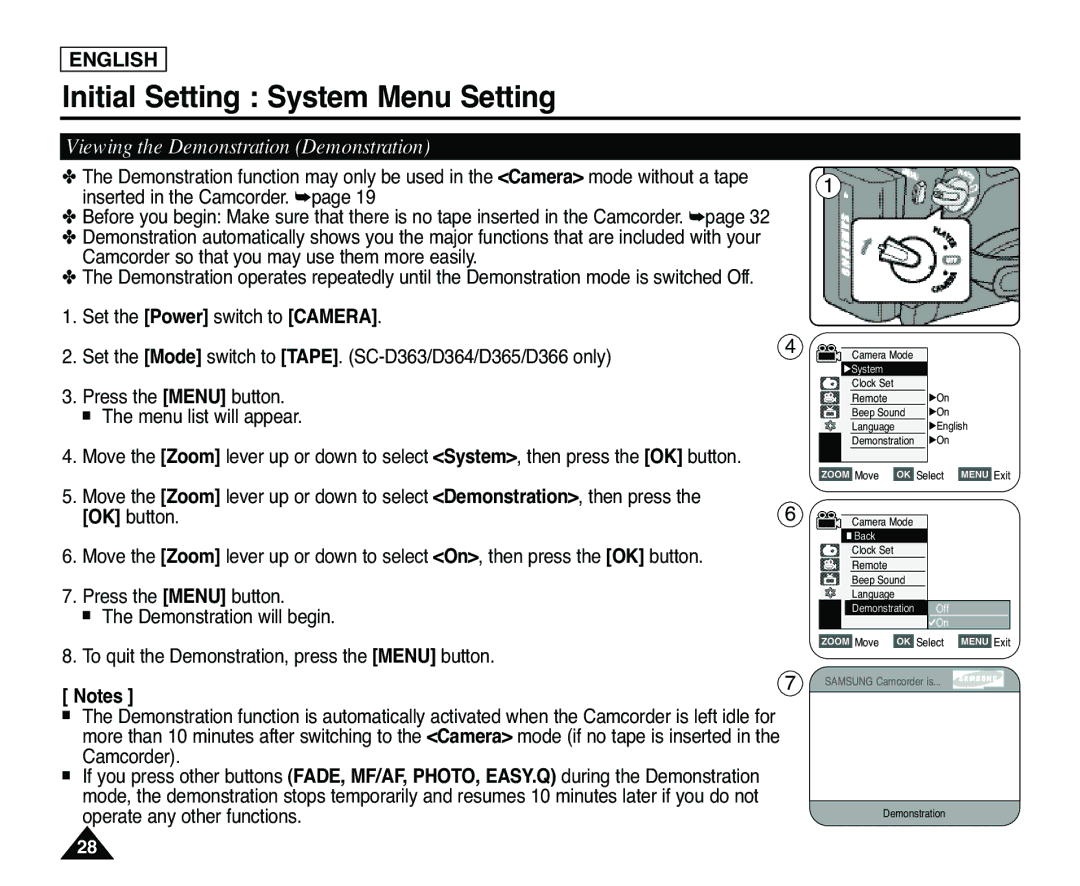 Samsung SC-D363, SC-D365 manual Viewing the Demonstration Demonstration 