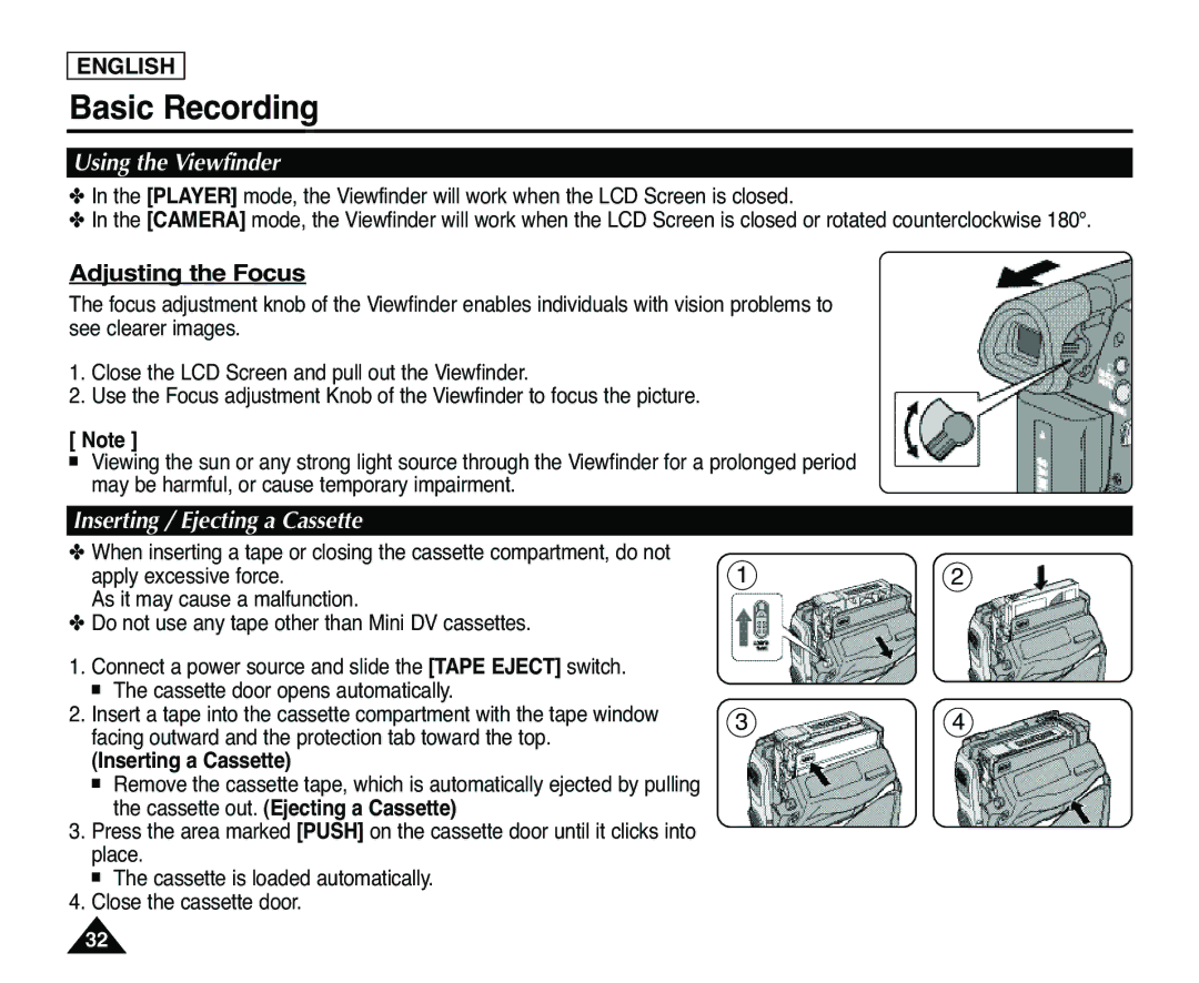 Samsung SC-D363, SC-D365 manual Basic Recording, Using the Viewfinder, Adjusting the Focus, Inserting / Ejecting a Cassette 