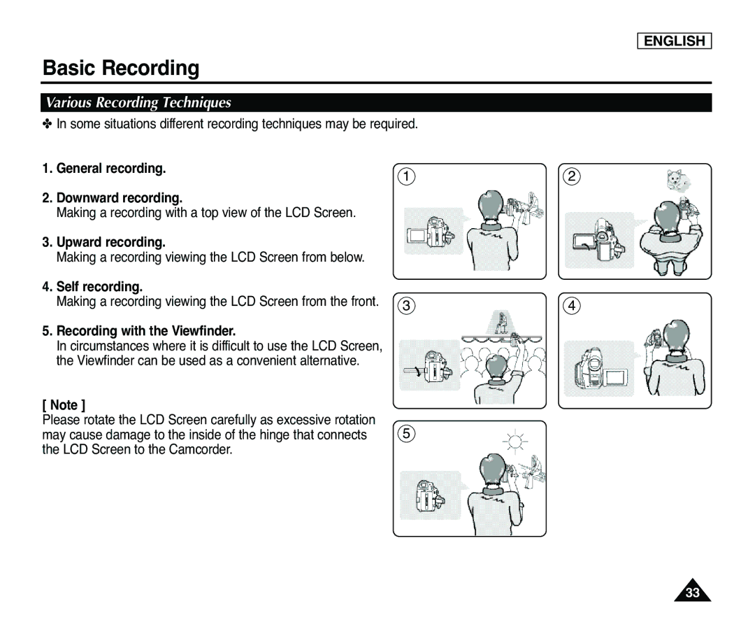 Samsung SC-D365 manual Various Recording Techniques, General recording Downward recording, Upward recording, Self recording 