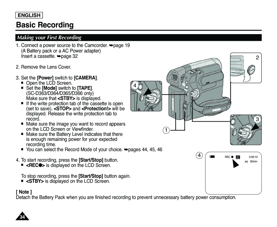 Samsung SC-D363, SC-D365 manual Making your First Recording, Displayed. Release the write protection tab to Record 