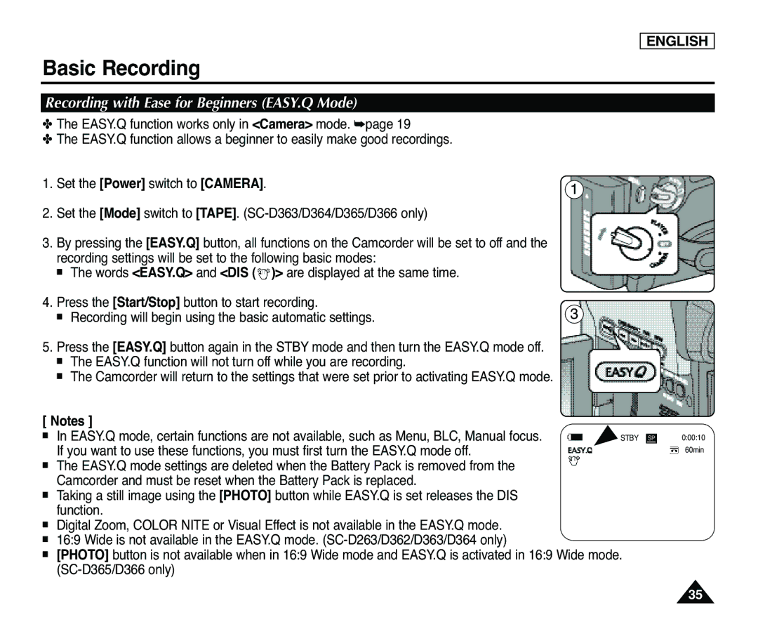 Samsung SC-D365, SC-D363 manual Recording with Ease for Beginners EASY.Q Mode 