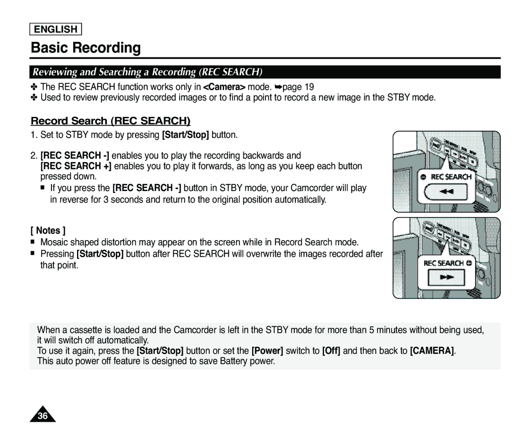 Samsung SC-D363, SC-D365 manual Reviewing and Searching a Recording REC Search, Record Search REC Search 