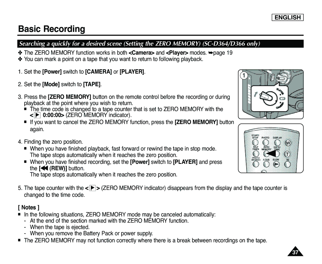 Samsung SC-D365, SC-D363 manual Set the Power switch to Camera or Player 