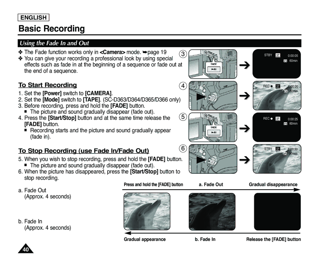 Samsung SC-D363 manual Using the Fade In and Out, To Start Recording, To Stop Recording use Fade In/Fade Out, Fade button 