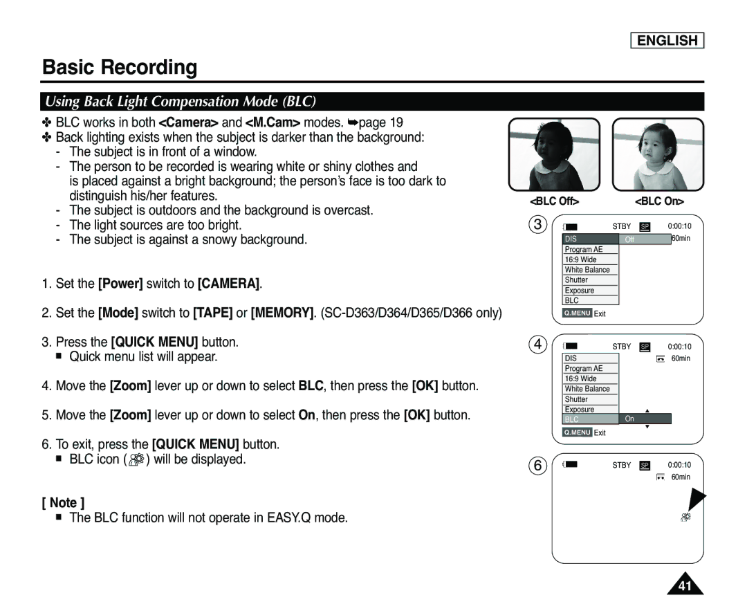 Samsung SC-D365, SC-D363 manual Using Back Light Compensation Mode BLC, BLC function will not operate in EASY.Q mode 