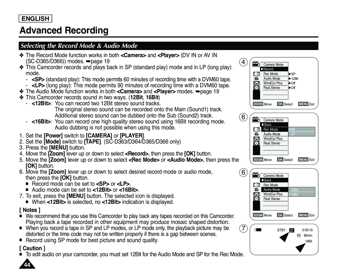 Samsung SC-D363, SC-D365 manual Advanced Recording, Selecting the Record Mode & Audio Mode 