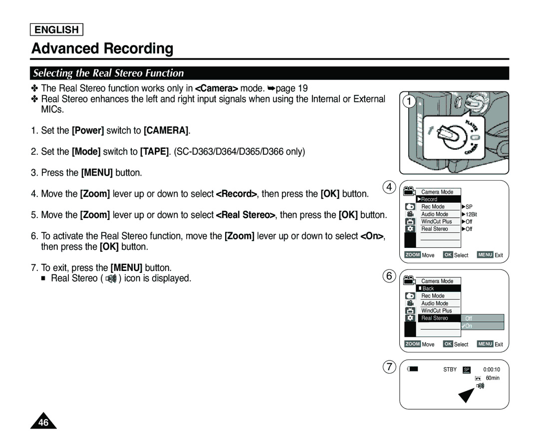 Samsung SC-D363, SC-D365 Selecting the Real Stereo Function, To exit, press the Menu button Real Stereo icon is displayed 