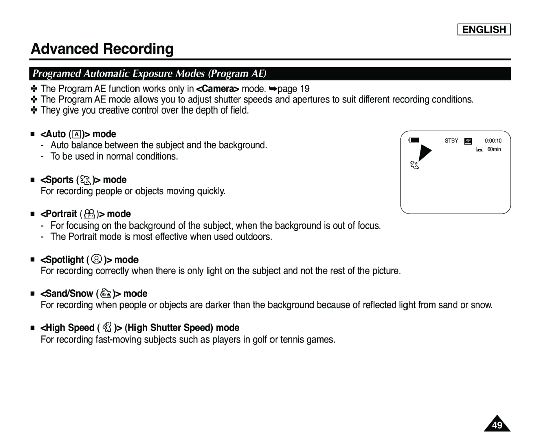 Samsung SC-D365, SC-D363 manual Programed Automatic Exposure Modes Program AE 