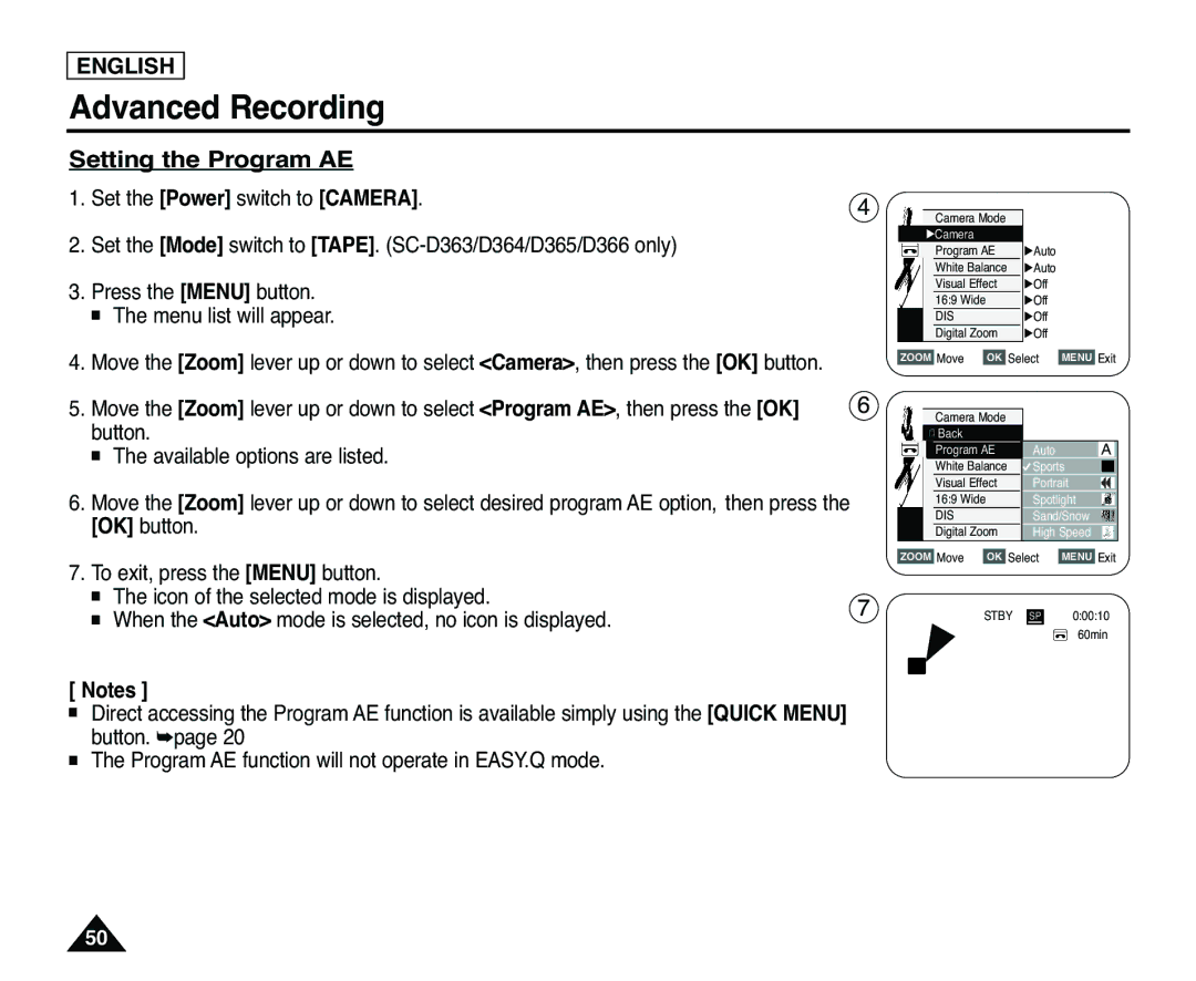 Samsung SC-D363, SC-D365 manual Setting the Program AE 