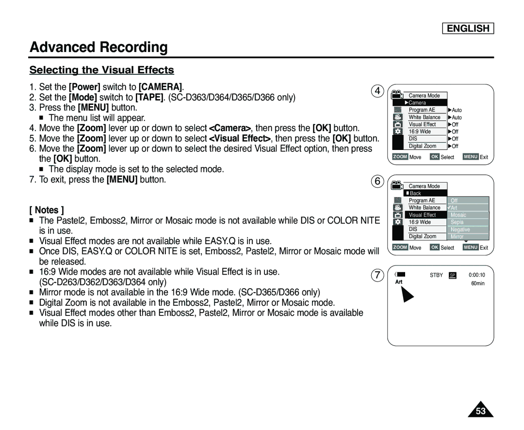 Samsung SC-D365, SC-D363 manual Selecting the Visual Effects 