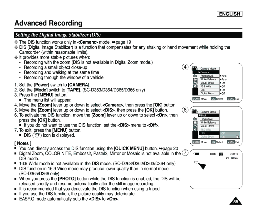 Samsung SC-D365, SC-D363 manual Setting the Digital Image Stabilizer DIS 