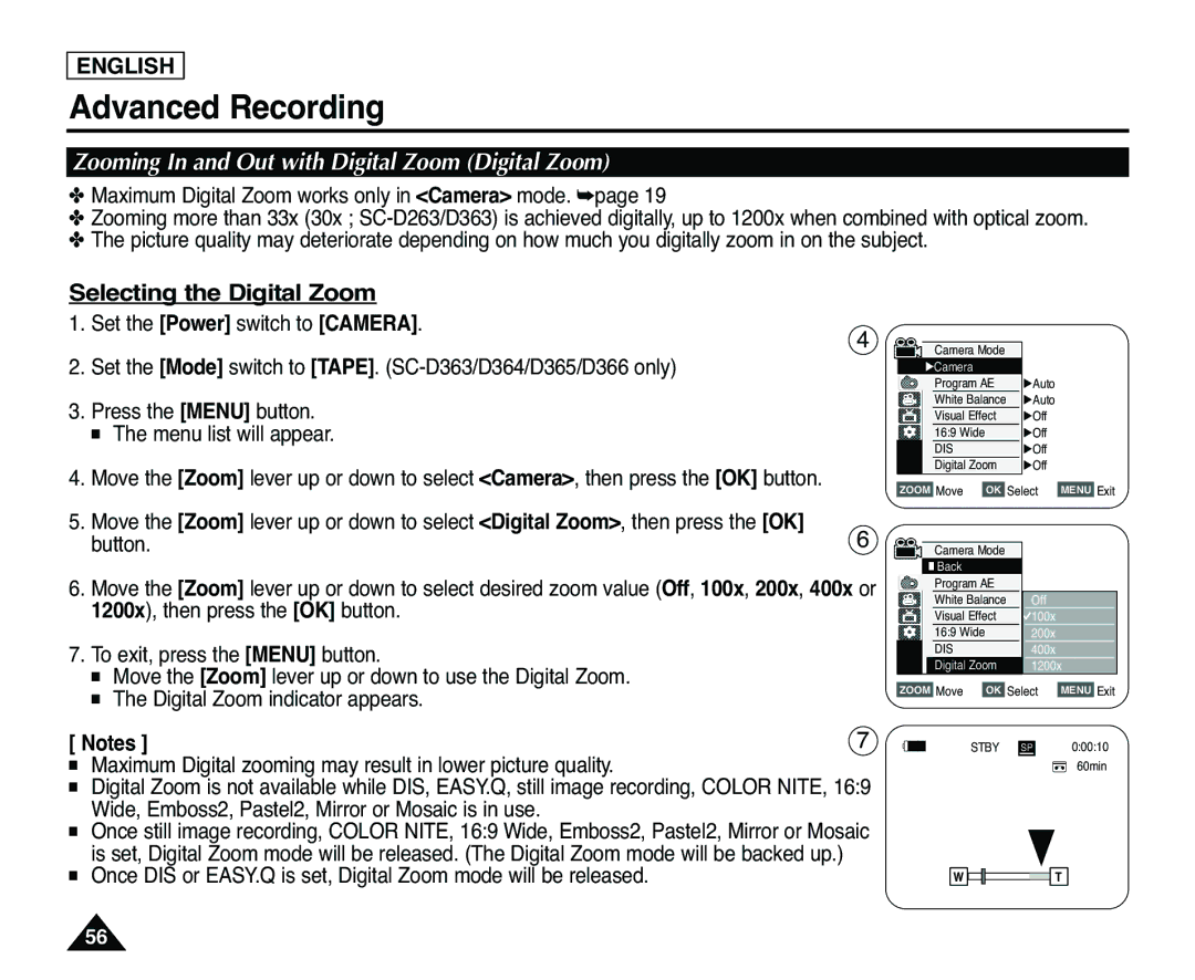 Samsung SC-D363, SC-D365 manual Zooming In and Out with Digital Zoom Digital Zoom, Selecting the Digital Zoom 