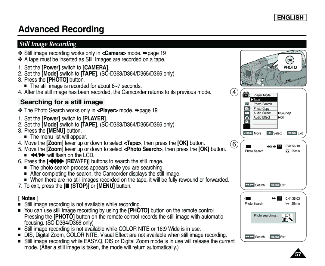 Samsung SC-D365, SC-D363 manual Still Image Recording, Searching for a still image 