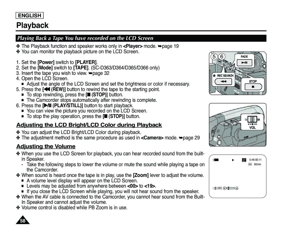 Samsung SC-D363, SC-D365 manual Playback, Playing Back a Tape You have recorded on the LCD Screen, Adjusting the Volume 