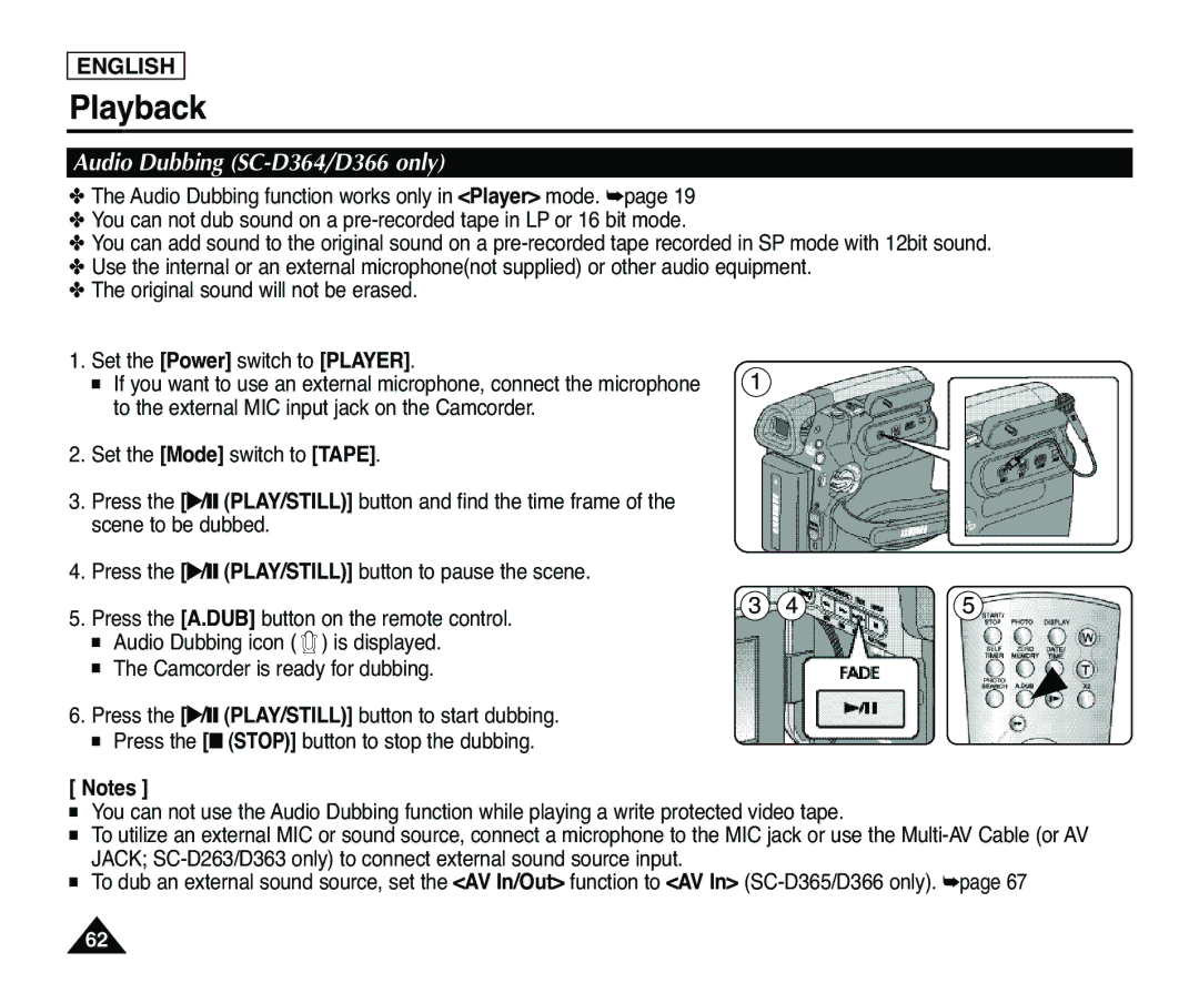 Samsung SC-D363, SC-D365 manual Audio Dubbing SC-D364/D366 only 