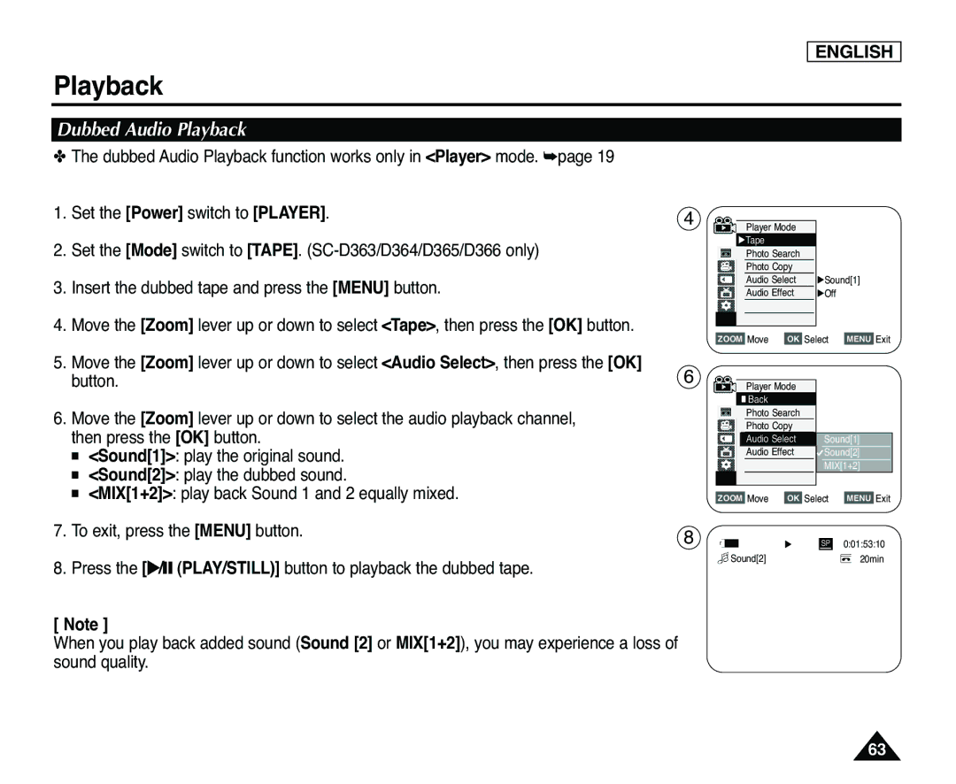 Samsung SC-D365, SC-D363 manual Dubbed Audio Playback 