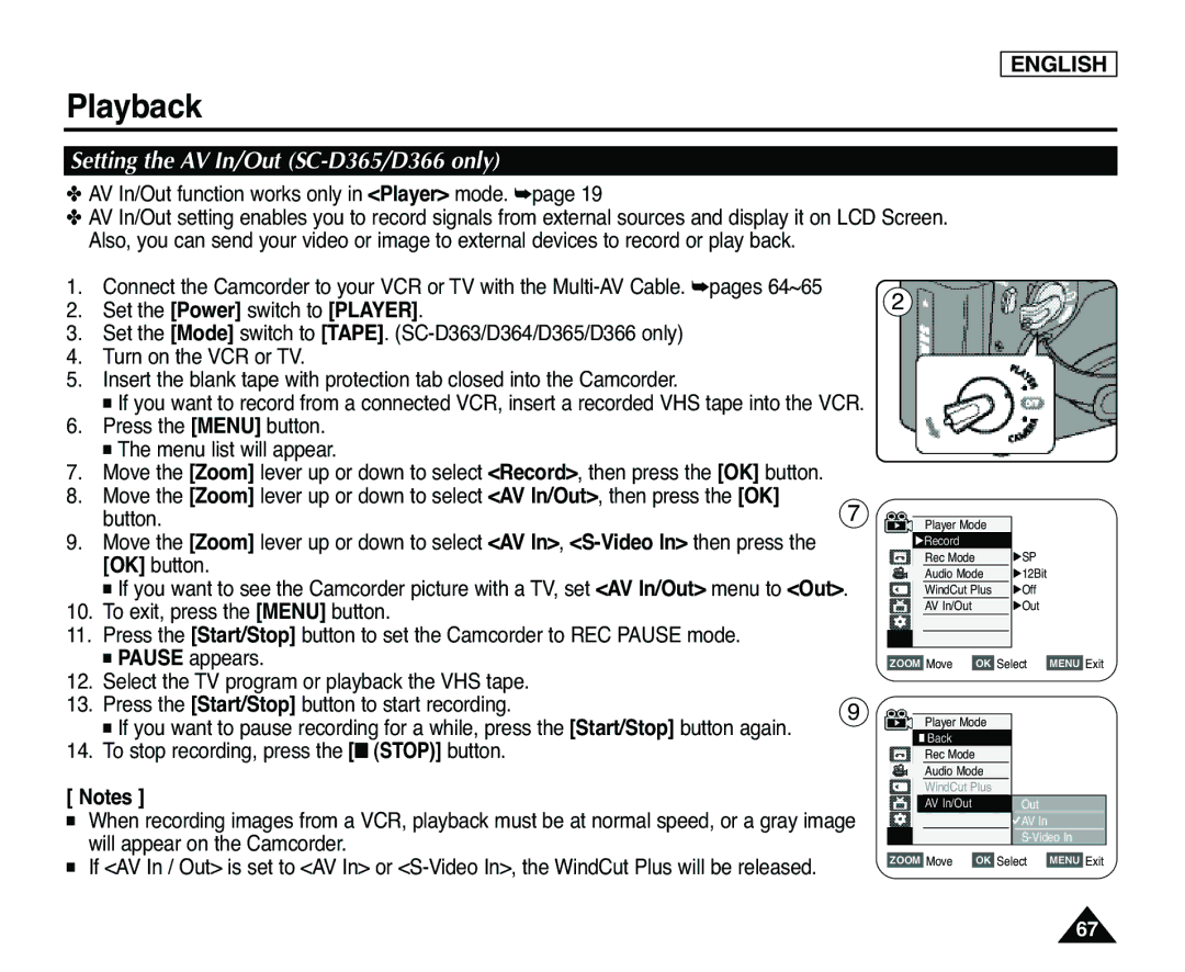 Samsung SC-D363 manual Setting the AV In/Out SC-D365/D366 only, Press the Menu button Menu list will appear 