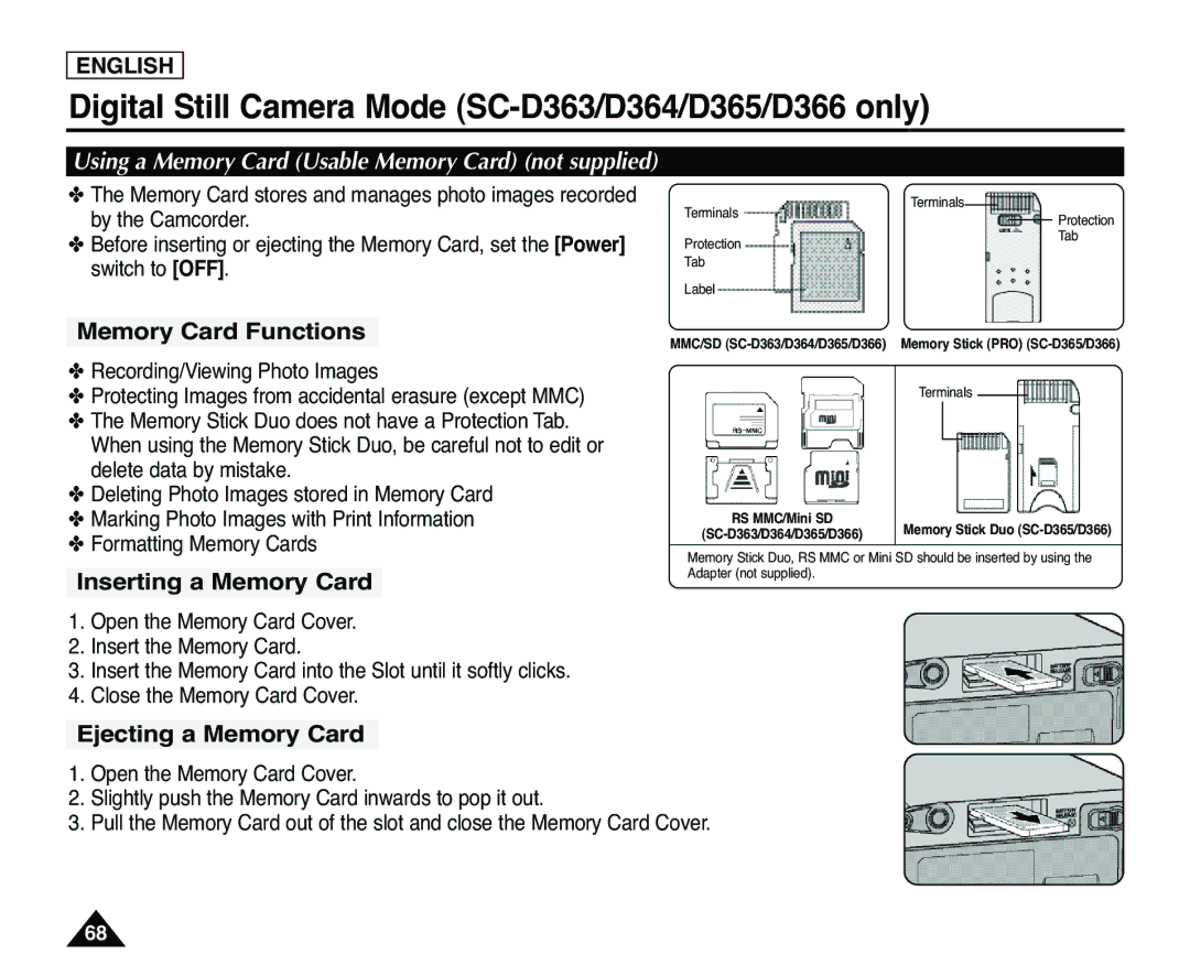 Samsung SC-D365 Digital Still Camera Mode SC-D363/D364/D365/D366 only, Memory Card Functions, Inserting a Memory Card 