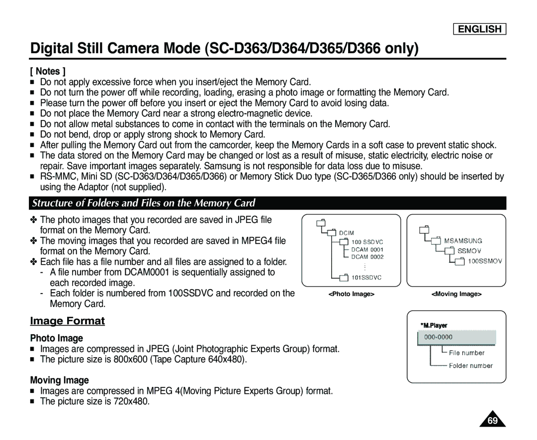 Samsung SC-D365, SC-D363 manual Structure of Folders and Files on the Memory Card, Image Format, Moving Image 