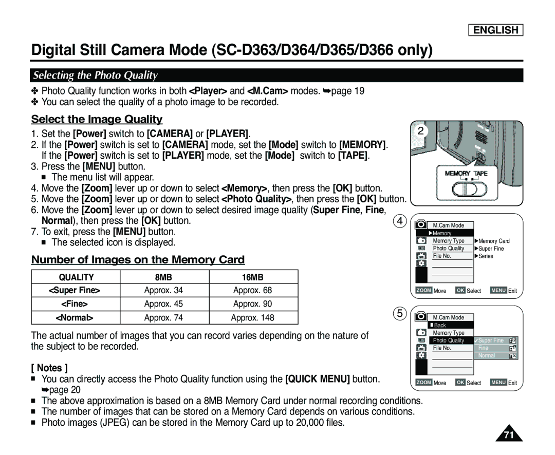 Samsung SC-D365, SC-D363 manual Selecting the Photo Quality, Select the Image Quality, Number of Images on the Memory Card 