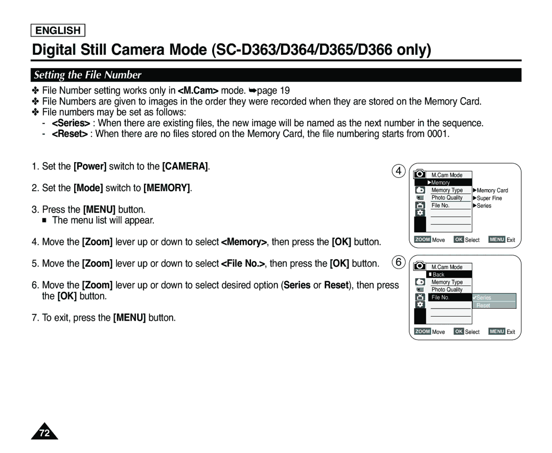 Samsung SC-D363, SC-D365 manual Setting the File Number 