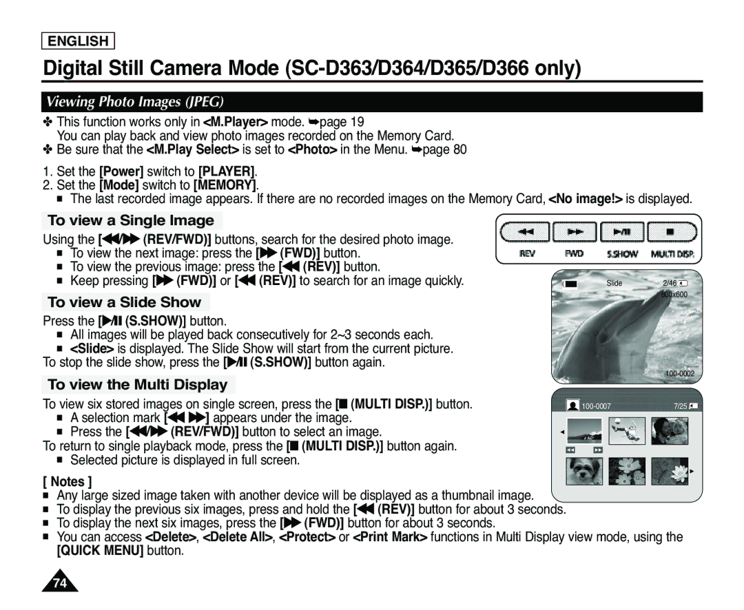 Samsung SC-D363 manual Viewing Photo Images Jpeg, To view a Single Image, To view a Slide Show, To view the Multi Display 