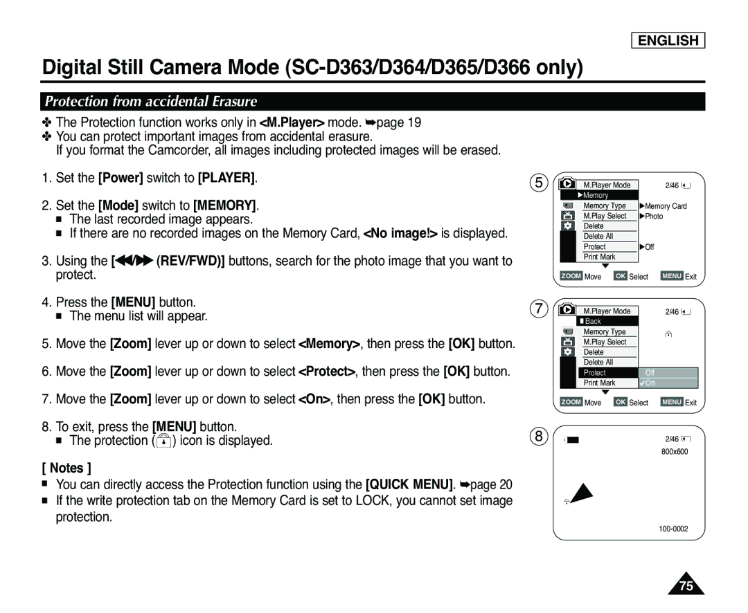 Samsung SC-D365, SC-D363 Protection from accidental Erasure, Last recorded image appears, Protection icon is displayed 