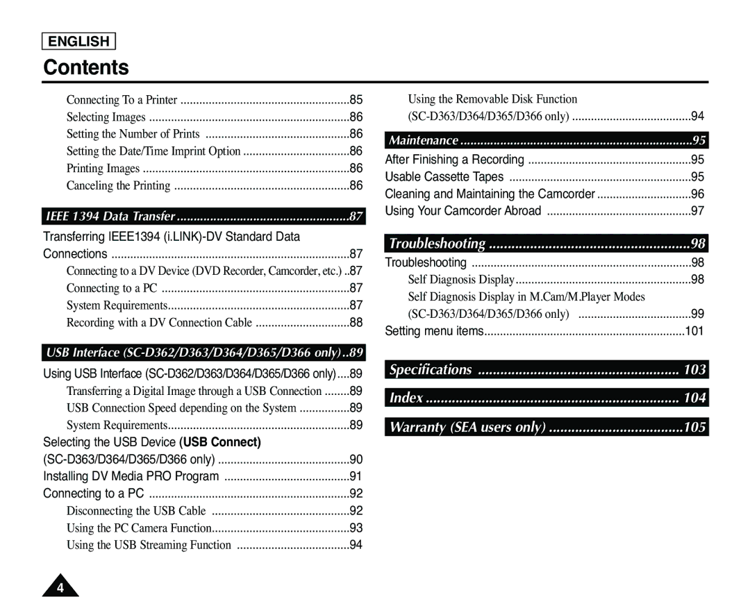 Samsung SC-D363, SC-D365 Index, Using Your Camcorder Abroad, Transferring IEEE1394 i.LINK-DV Standard Data, Connections 