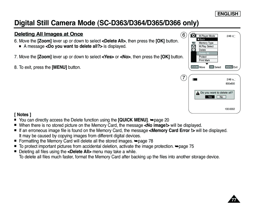 Samsung SC-D365, SC-D363 manual Deleting All Images at Once, Message Do you want to delete all? is displayed 