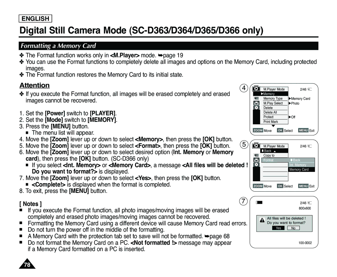 Samsung SC-D363, SC-D365 manual Formatting a Memory Card, Press the Menu button 