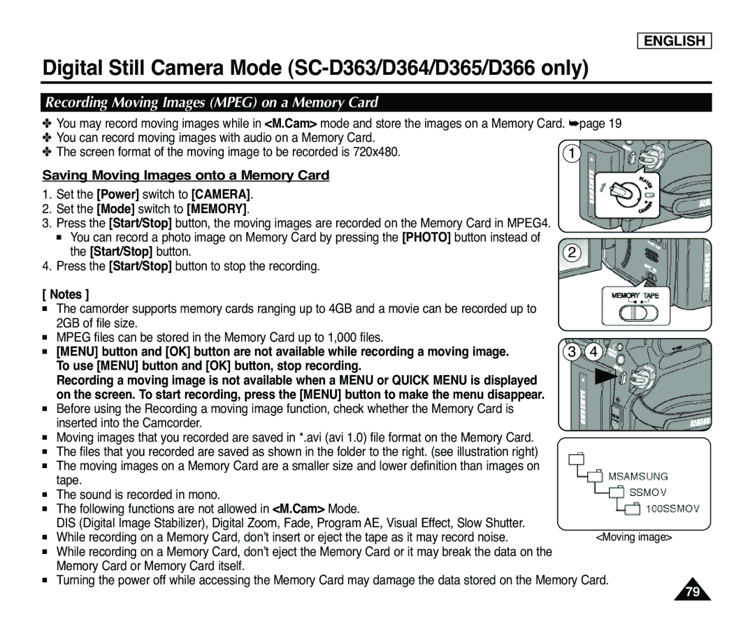 Samsung SC-D365, SC-D363 manual Recording Moving Images Mpeg on a Memory Card, Saving Moving Images onto a Memory Card 