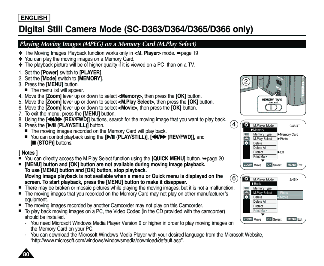 Samsung SC-D363 manual Playing Moving Images Mpeg on a Memory Card M.Play Select, PLAY/STILL, œœ/√√ REV/FWD, Stop buttons 