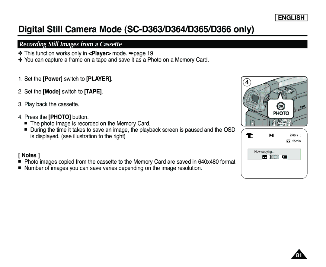 Samsung SC-D365, SC-D363 manual Recording Still Images from a Cassette 