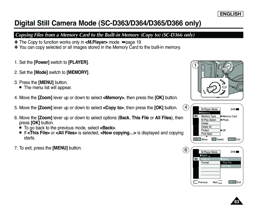 Samsung SC-D365, SC-D363 manual Press OK button, To go back to the previous mode, select Back, Starts 