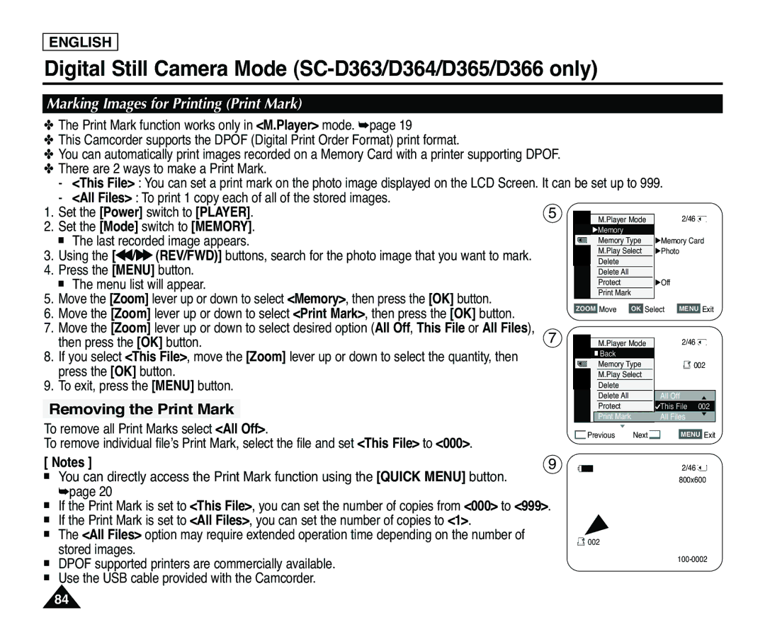 Samsung SC-D363, SC-D365 manual Marking Images for Printing Print Mark, Removing the Print Mark, Then press the OK button 