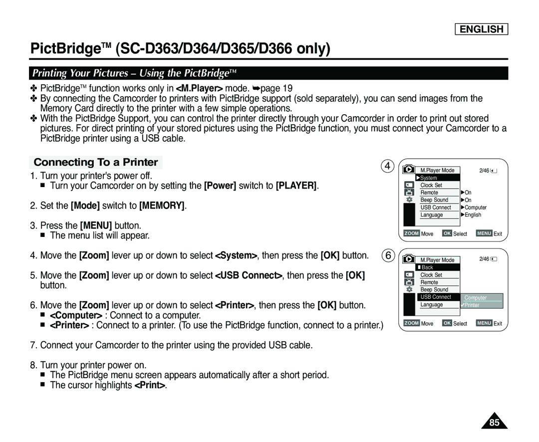 Samsung SC-D365 manual PictBridgeTM SC-D363/D364/D365/D366 only, Printing Your Pictures Using the PictBridgeTM 