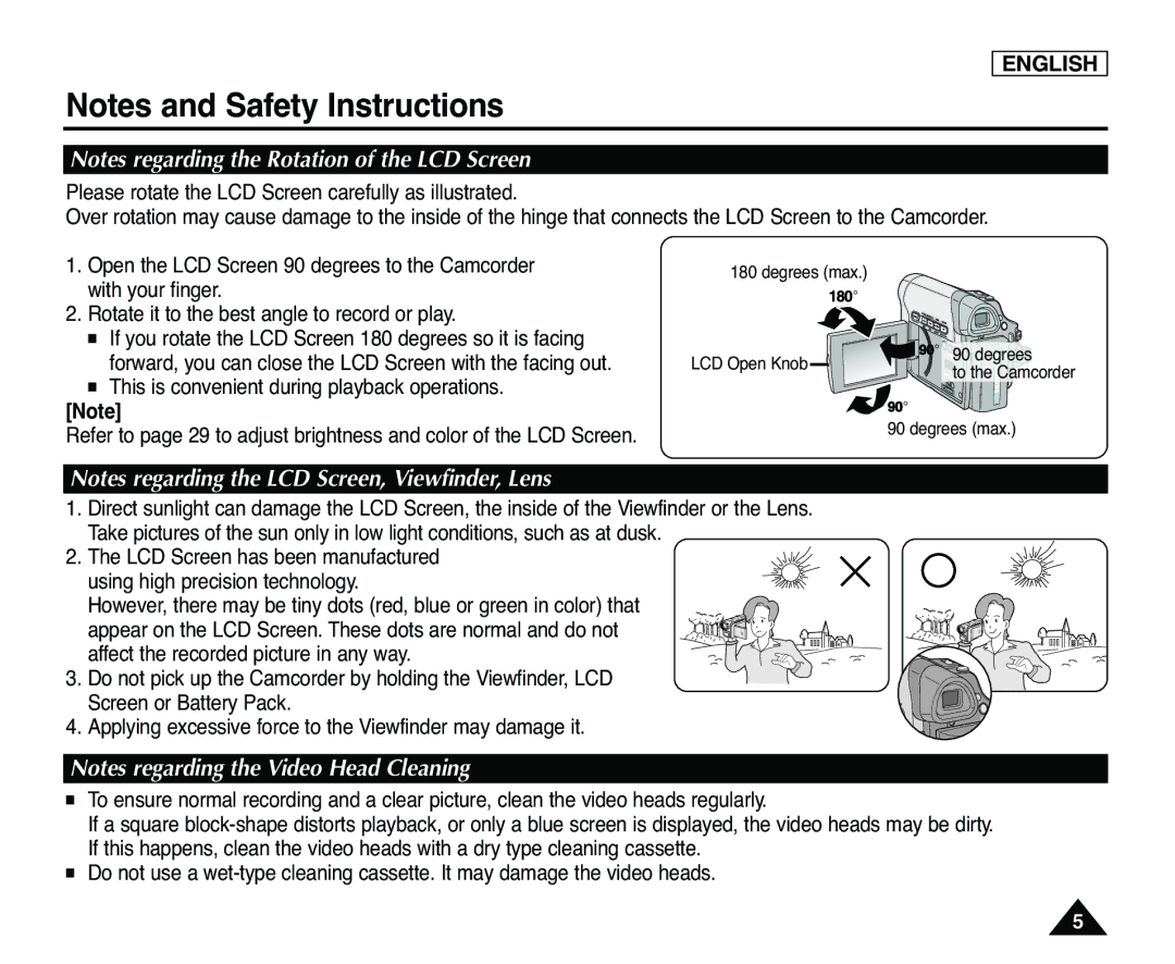 Samsung SC-D365, SC-D363 manual Degrees max LCD Open Knob 