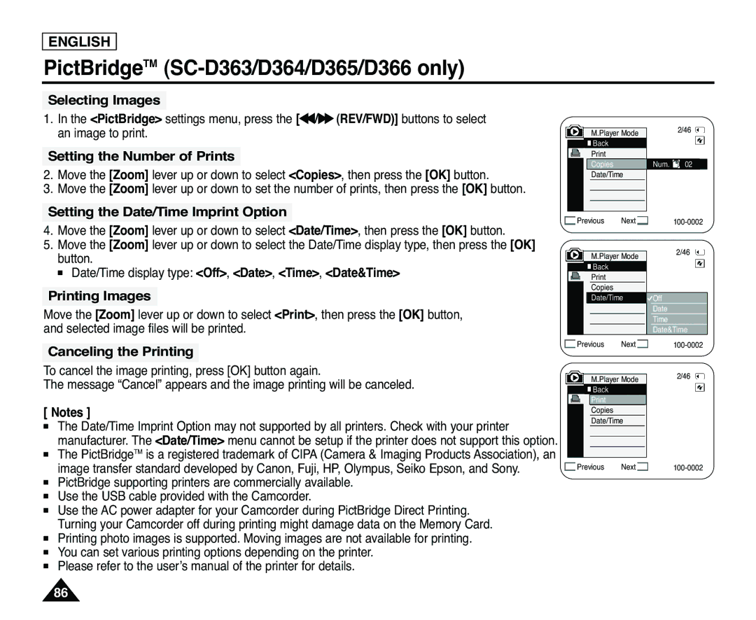 Samsung SC-D363 Selecting Images, Setting the Number of Prints, Setting the Date/Time Imprint Option, Printing Images 