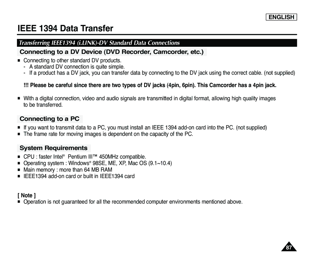 Samsung SC-D365 Ieee 1394 Data Transfer, Transferring IEEE1394 i.LINK-DV Standard Data Connections, Connecting to a PC 