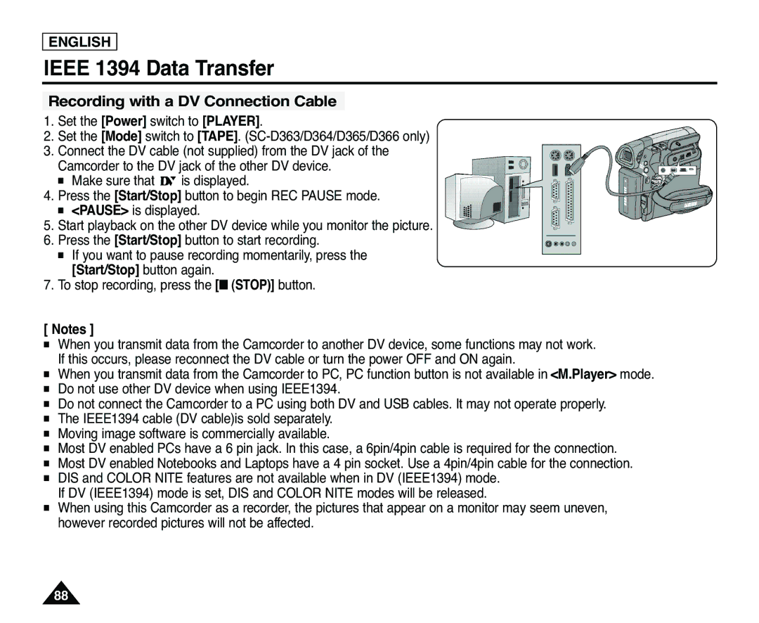 Samsung SC-D363, SC-D365 manual Recording with a DV Connection Cable 