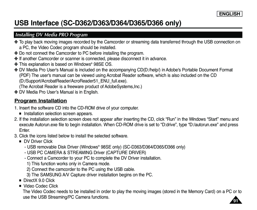 Samsung SC-D365, SC-D363 manual Installing DV Media PRO Program, Program Installation 