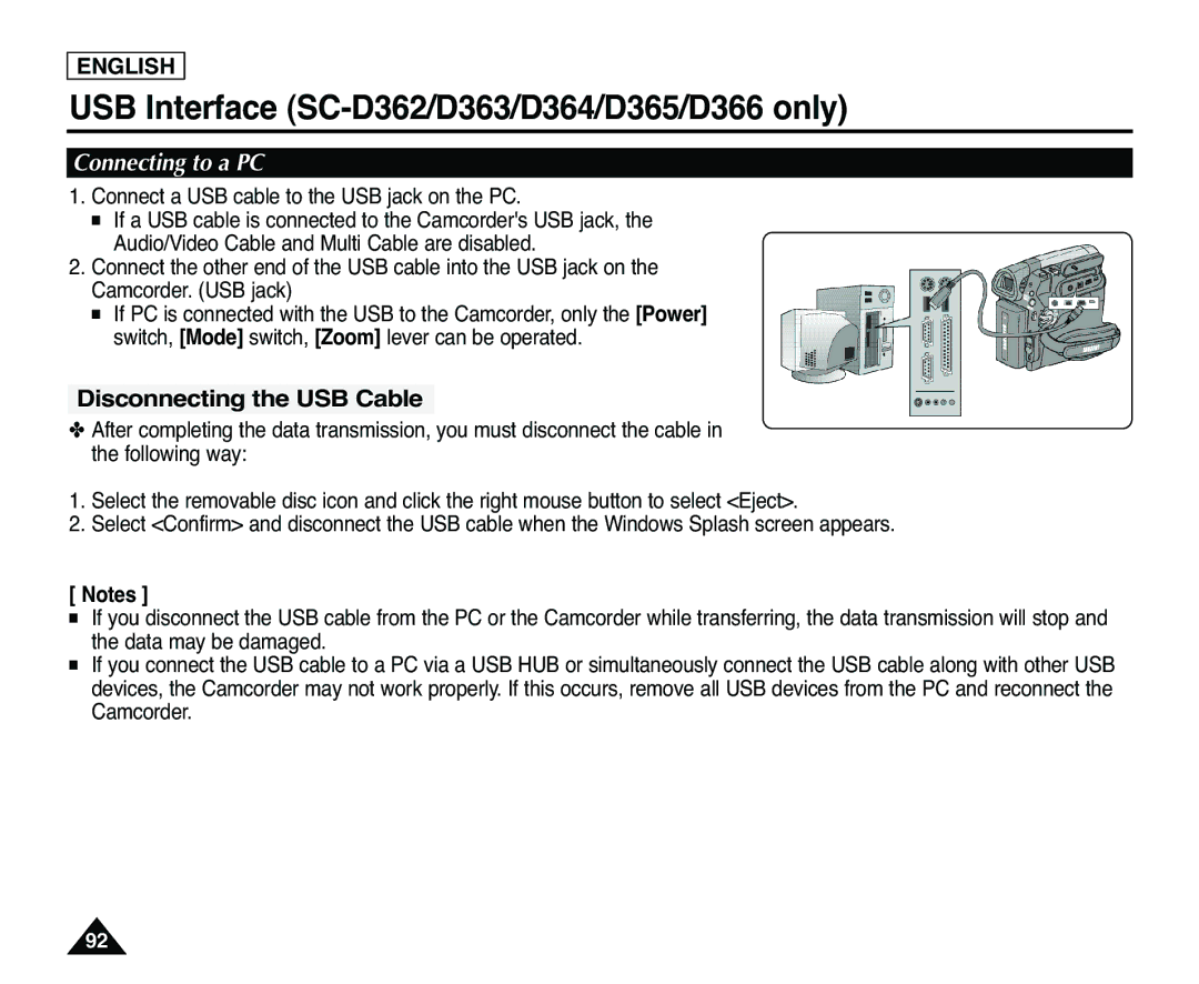 Samsung SC-D363, SC-D365 manual Connecting to a PC, Disconnecting the USB Cable 