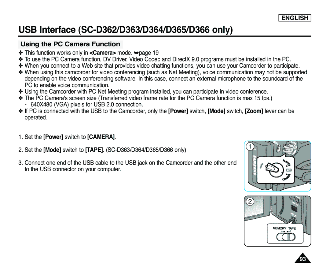 Samsung SC-D365, SC-D363 manual Using the PC Camera Function 