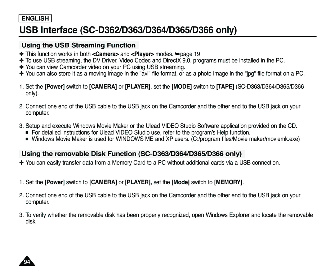 Samsung SC-D363, SC-D365 manual Using the USB Streaming Function 