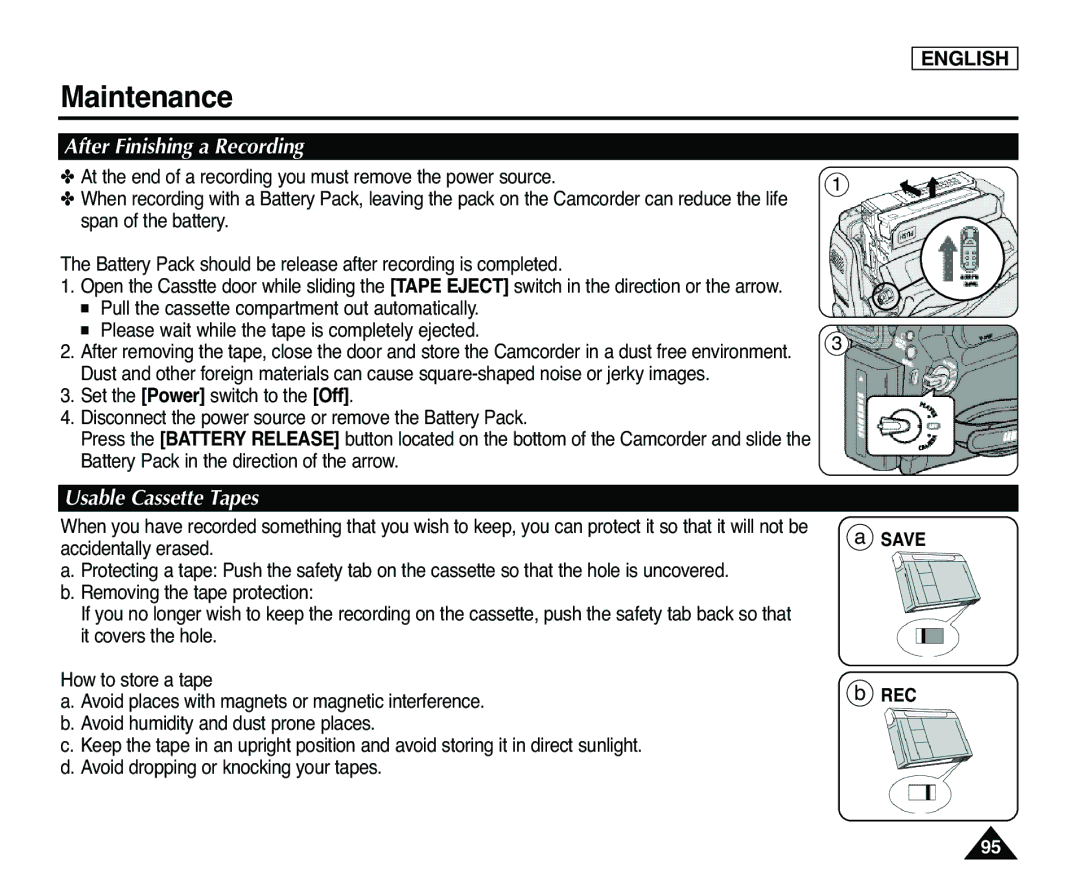 Samsung SC-D365, SC-D363 manual Maintenance, After Finishing a Recording, Usable Cassette Tapes, Save REC 