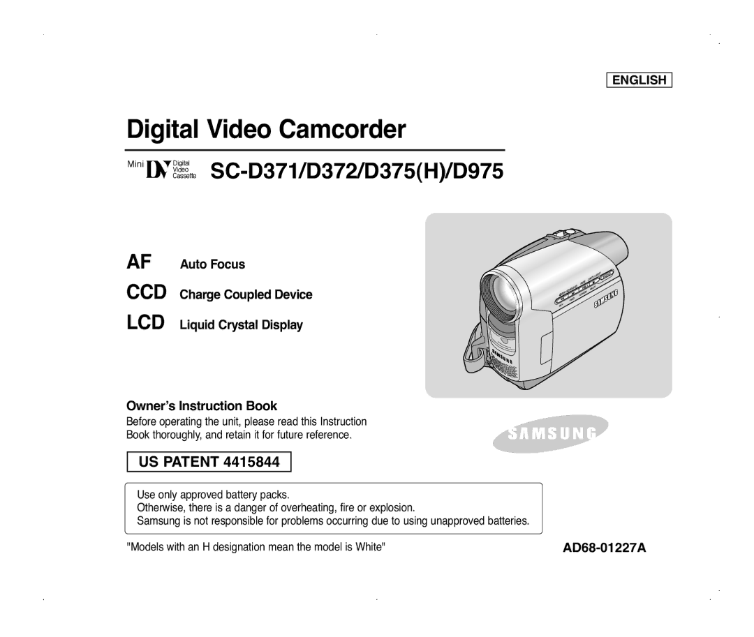 Samsung SC-D975, SC-D371, SC-D375(H), SC-D372 manual Digital Video Camcorder, Owner’s Instruction Book 