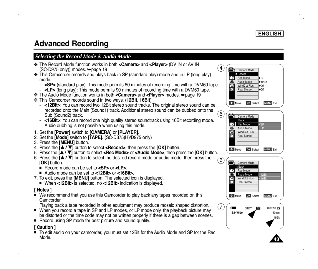 Samsung SC-D372, SC-D371, SC-D975, SC-D375(H) manual Advanced Recording, Selecting the Record Mode & Audio Mode 