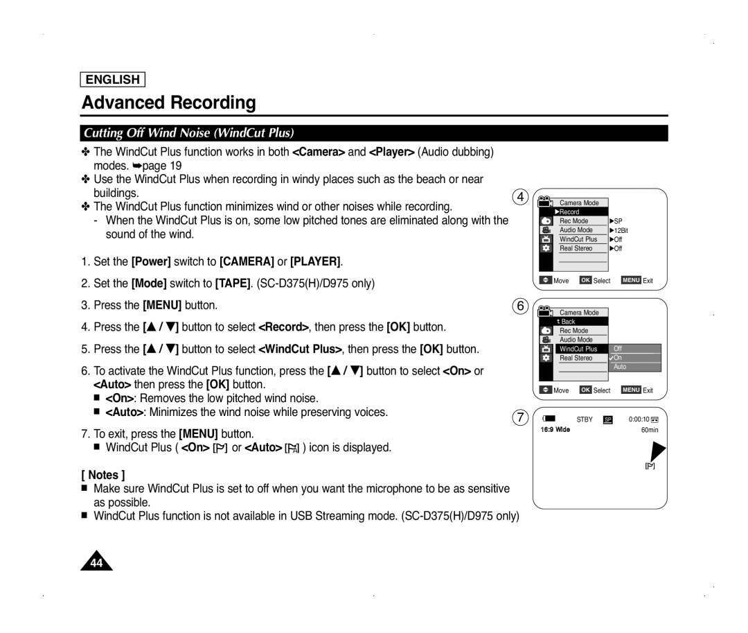 Samsung SC-D371, SC-D975, SC-D375(H), SC-D372 manual Cutting Off Wind Noise WindCut Plus 